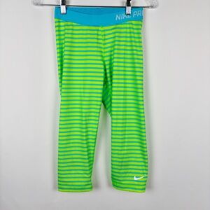 Nike Pro Dri-Fit Blue Striped Neon Lime Green Women Leggings - Size M